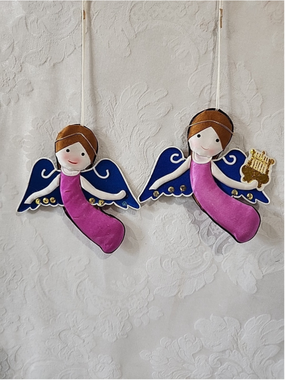 Vintage Handmade Silk Angel Ornaments Set 2